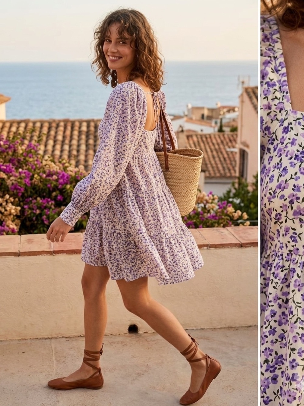 Boho Floral Babydoll Mini Dress Purple Eyelet Cottagecore Puff Sleeve Size Small